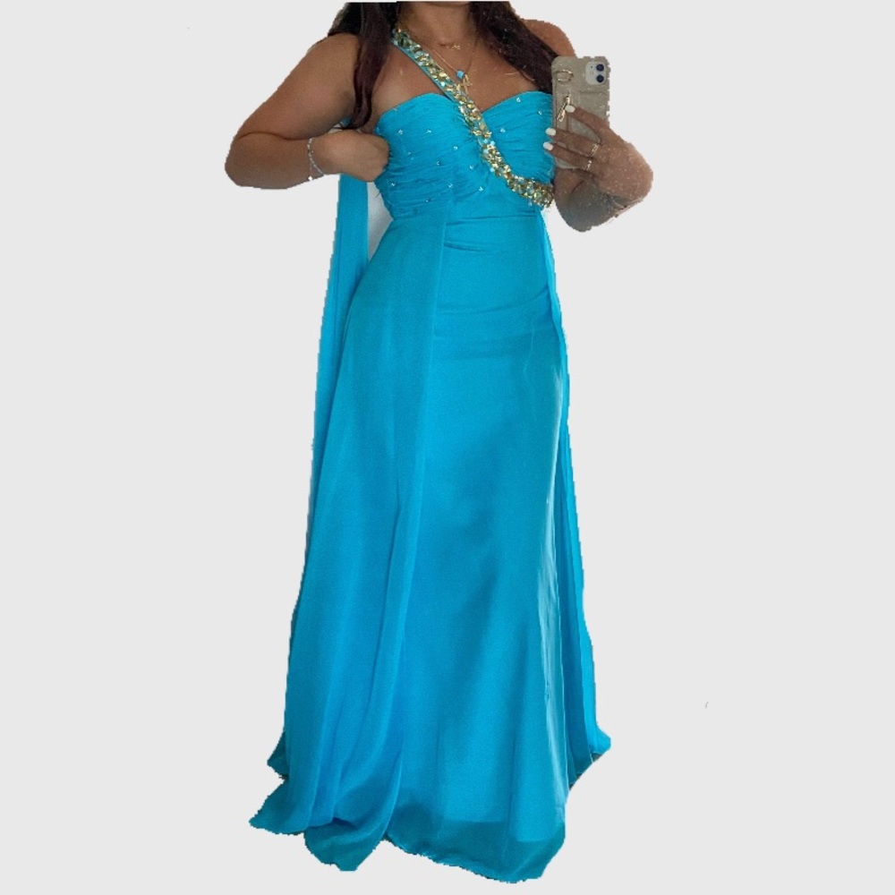 Tiffany Designs Bright Light Blue & Gold One Shoulder Maxi Formal Prom Dress